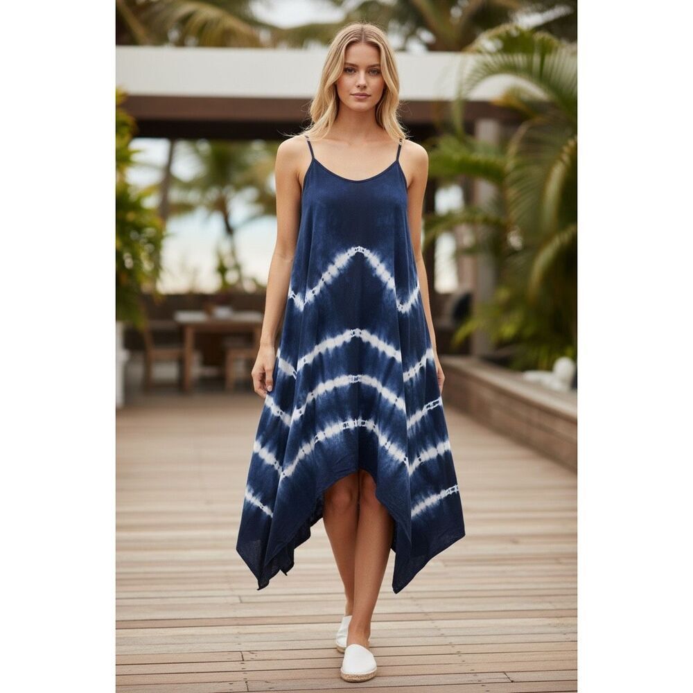 Jesse & J Navy Blue Tie Dye Handkerchief Hem Maxi Dress Spaghetti Strap Large